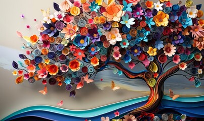 Photo of a vibrant and intricate paper tree sculpture, Generative AI