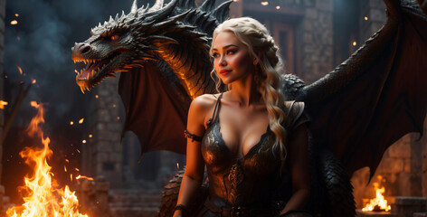 Fototapeta premium A blonde beauty with her dragons in the background