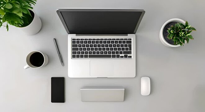 Overhead shot of a minimalistic, tidy work-from-home space, minimalistic,