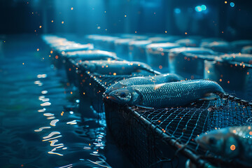 A bustling fish farm with rows of tanks teeming with aquatic life, showcasing aquaculture in action amidst a thriving ecosystem - obrazy, fototapety, plakaty