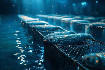 Foto op Plexiglas A bustling fish farm with rows of tanks teeming with aquatic life, showcasing aquaculture in action amidst a thriving ecosystem © Evhen Pylypchuk