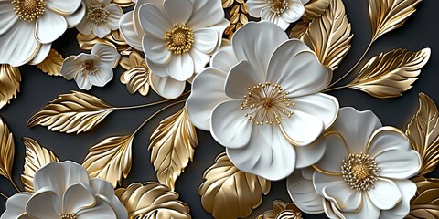 3d mural floral wallpaper. golden and white flowers and leaves. 3d render background wall decore, 3d golden flowers seamless pattern floral, Generative AI