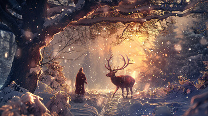 Deer and person with antlers fantasy pagan winter  - obrazy, fototapety, plakaty