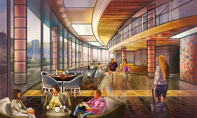 Hotel Interior Lounge, digital water color style illustration