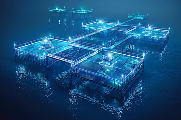 A bustling fish farm with rows of tanks teeming with aquatic life, showcasing aquaculture in action amidst a thriving ecosystem - obrazy, fototapety, plakaty