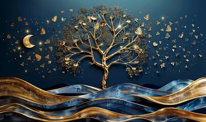 3d modern art mural wallpaper with night landscape with dark blue Jungle, moonlight background with stars and moon, golden tree and gold waves. for use as a frame on wall, Generative AI