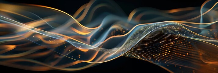 Beautiful digital artwork featuring a flow of golden waves interspersed with sparkling particles