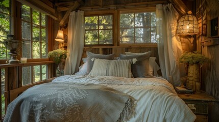 Enjoy a peaceful and restful nights sleep in a wellappointed treehouse complete with a comfortable bed and soft linens. 2d flat cartoon.