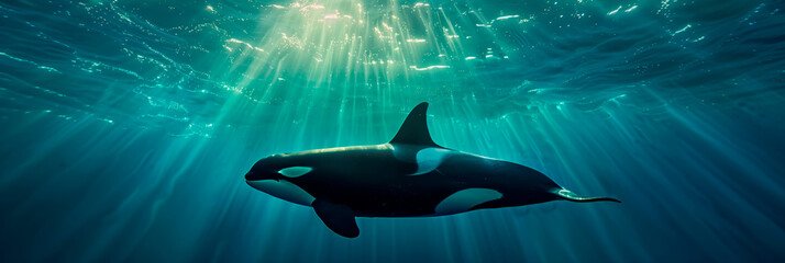 Killer whale or Orca gracefully swimming underwater. Wide banner.	 - obrazy, fototapety, plakaty