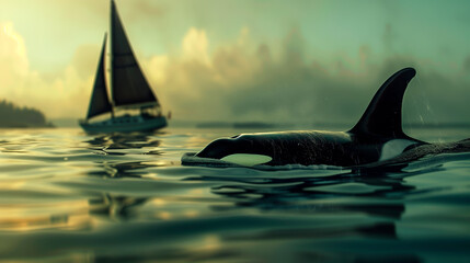 Killer whale or Orca whale breaking the surface with a sailboat in the background. Concept of Orca attacks on sailors. Shallow field of view.	