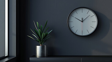 A minimalist clock ticking away the hours in a dark, elegant room with clean lines and a touch of color. - obrazy, fototapety, plakaty