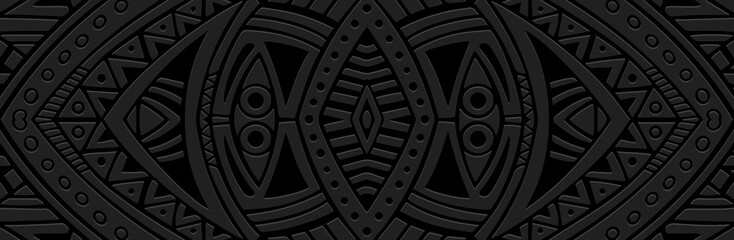 Banner. Relief geometric old abstract 3D pattern on a black background. Ornamental ethnic cover design, handmade. Creative boho motifs of the East, Asia, India, Mexico, Aztec, Peru.