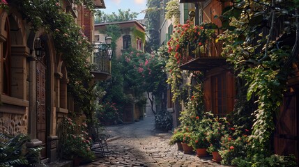 Fototapeta na wymiar A charming cobblestone alleyway winding through a historic European village, its quaint architecture and flower-bedecked balconies evoking the timeless allure of a bygone era, 