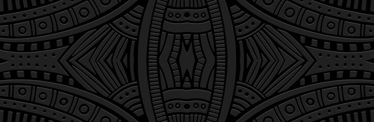 Banner. Relief geometric old exotic 3D pattern on a black background. Ornamental ethnic cover design, handmade. Creative boho motifs of the East, Asia, India, Mexico, Aztec, Peru.