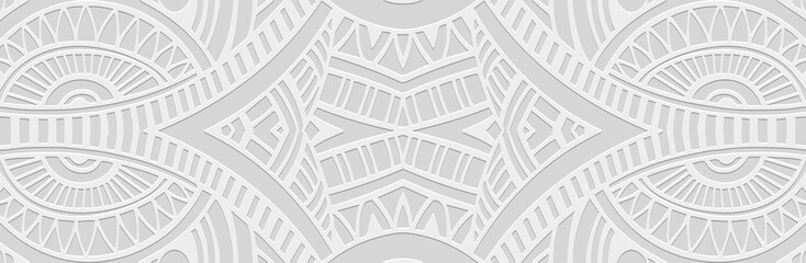 Banner. Relief geometric old unique 3D pattern on white background. Ornamental ethnic cover design, handmade. Creative boho motifs of the East, Asia, India, Mexico, Aztec, Peru.