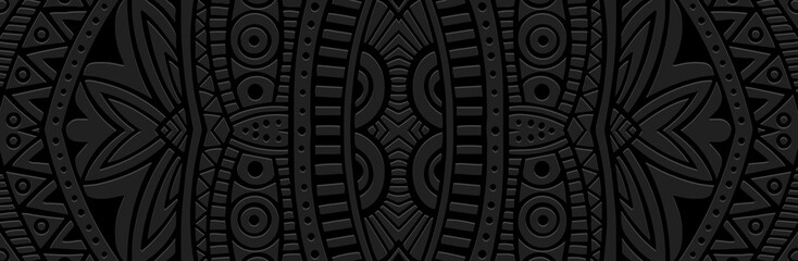 Banner. Relief geometric old original 3D pattern on a black background. Ornamental ethnic cover design, handmade. Creative boho motifs of the East, Asia, India, Mexico, Aztec, Peru.