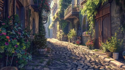 A charming cobblestone alleyway winding through a historic European village, its quaint...