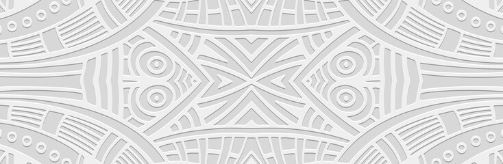 Banner. Relief geometric old colorful 3D pattern on a white background. Ornamental ethnic cover design, handmade. Creative boho motifs of the East, Asia, India, Mexico, Aztec, Peru.