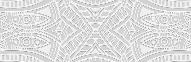 Banner. Relief geometric old decorative 3D pattern on a white background. Ornamental ethnic cover design, handmade. Creative boho motifs of the East, Asia, India, Mexico, Aztec, Peru.