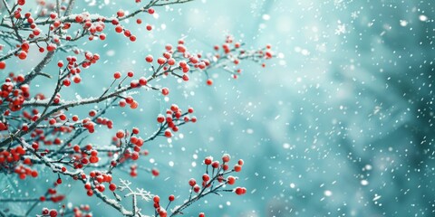 Red berries covered in fresh snowfall against a soft-focused winter background.