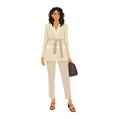 Business executive woman with curly hair style in jacket skirt power suit. Flat vector illustration isolated on white background