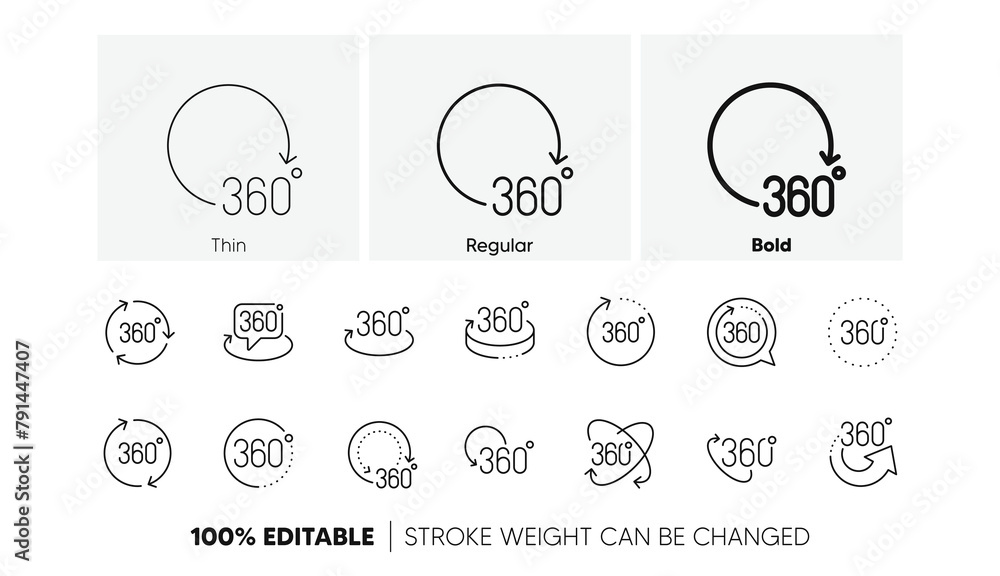 Aufkleber rotate arrow, vr panoramic simulation and augmented reality. 360 degrees line icons. 360 degrees vir