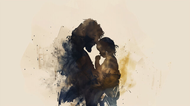 The Savior's Loving Embrace - Jesus Comforts a Little One, watercolor, minimal 