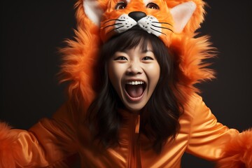 excited asian woman in tiger costume laughing at camera isolated on orange