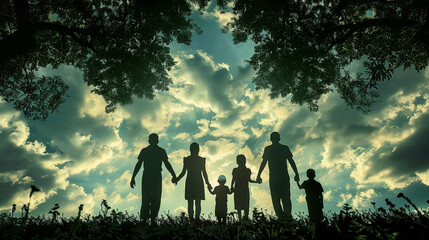 A family of five is holding hands in a field