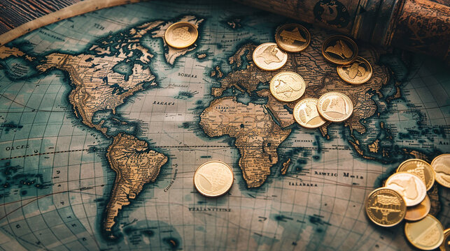 A map of the world with gold coins scattered across it