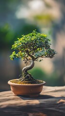 A Vertical Image Of A Bonsai Tree In A Pot On A Table.