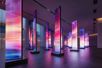 A series of neon lights are arranged in a room, creating a colorful
