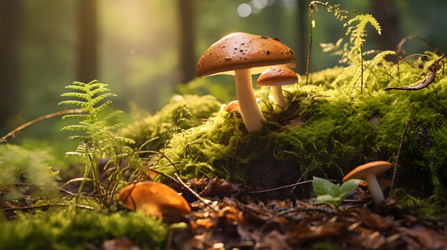 A Boletus edulis mushroom with a large brown cap nestles in vibrant green moss, bathed in soft sunlight