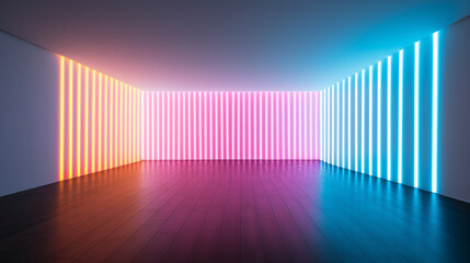 Colorful LED strips lining the edges of a simple, minimalistic room, creating a mesmerizing glow in the dark.