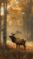 A lone elk stands regally amongst golden-hued birch trees in an autumnal forest, bathed in soft sunlight