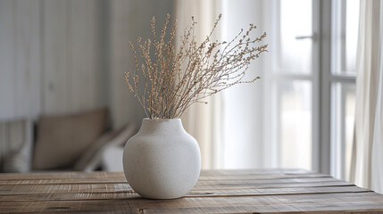 A meticulously styled wooden table featuring a white ceramic vase overflowing with delicate dry spikelets, enhancing the contemporary vibe of the interior decor.