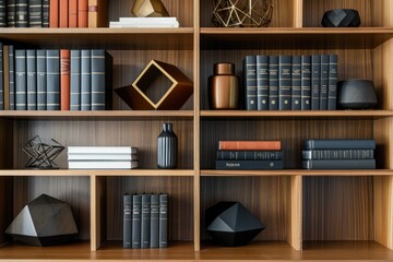 Bookshelves with books and vases in modern library, interior design