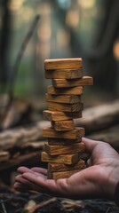 A Vertical Image Of A Stack of Wooden Dominoes On The Ground.