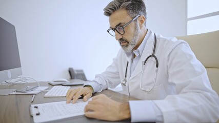 Caucasian Focused doctor writing on a clipboard at desk.
