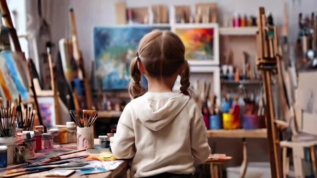 An art studio with a child artist surrounded by canvases, paints and creative tools. generative ai