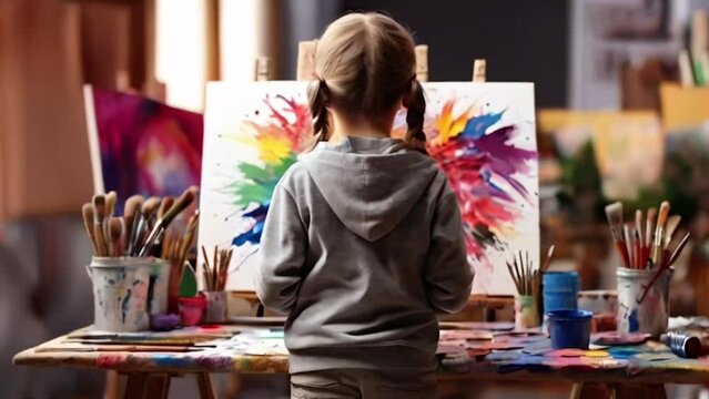 An art studio with a child artist surrounded by canvases, paints and creative tools. generative ai