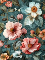 Artistic wallpaper showcasing a vintage floral motif with a bunch of fantasy botanical flowers, capturing the essence of a summer garden