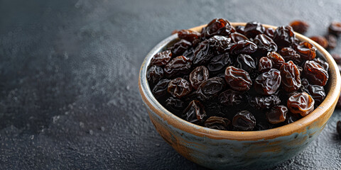Sweet dried raisins in ceramic bowl isolated on dark gray concrete background  - obrazy, fototapety, plakaty