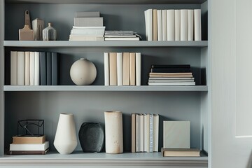 Bookshelves with books and vases in modern library, interior design
