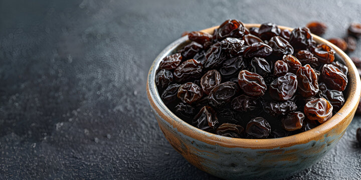Sweet dried raisins in ceramic bowl isolated on dark gray concrete background 