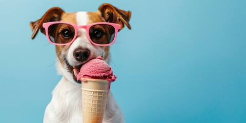 Cute dog in sunglasses eats ice cream. Puppy with ice cream. Summer background with pet and copy...