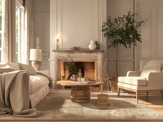 modern cottage sitting room décor, interior design ,living room furniture in neutral colors and fireplace ,home décor in elegant English country house