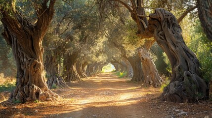 A pathway through a sun-dappled olive grove, with rows of ancient olive trees on either side, their...