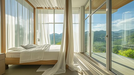 A Bedroom With A Four-Poster Canopy Bed With An Airy Window View.