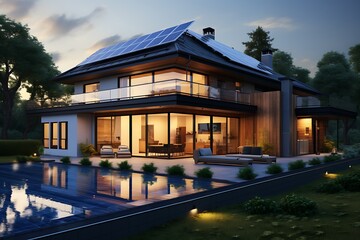 3d rendering of modern cozy house with pool and parking for sale or rent with beautiful landscaping on background. Sunset.